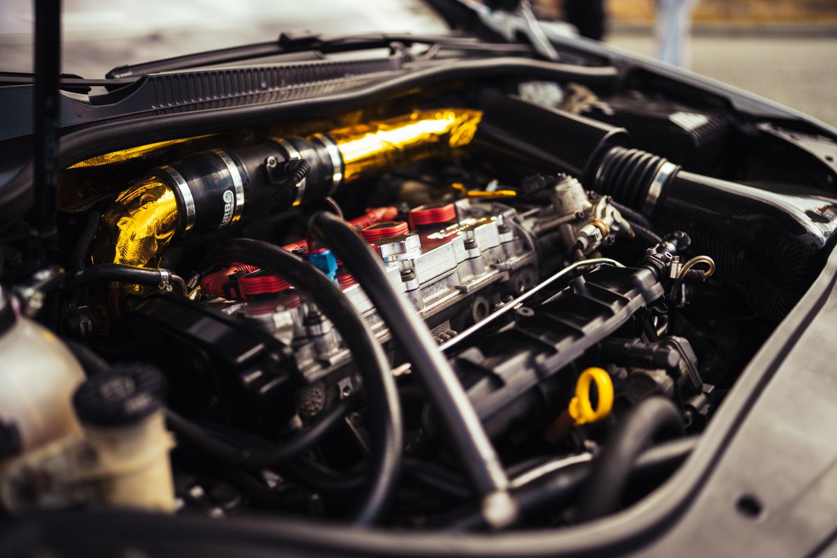 Close-up of a car engine cooling system